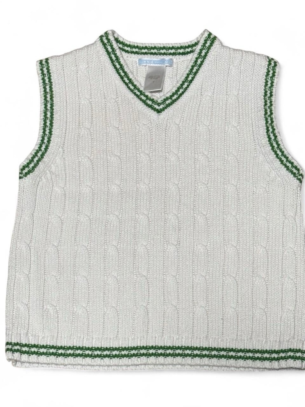 Janie and Jack Toddler Sweater Vest Size 4 White Cable Knit Green Trim Preppy